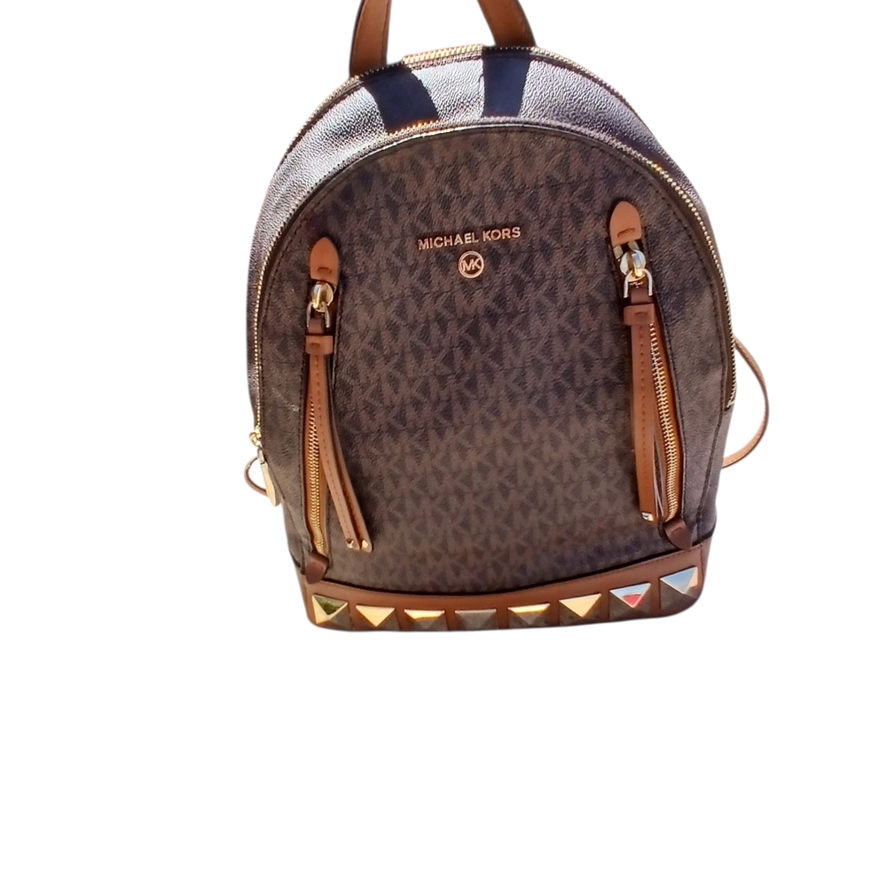 Michael Kors Signature  Brooklyn Studded Backpack Brown and Gold